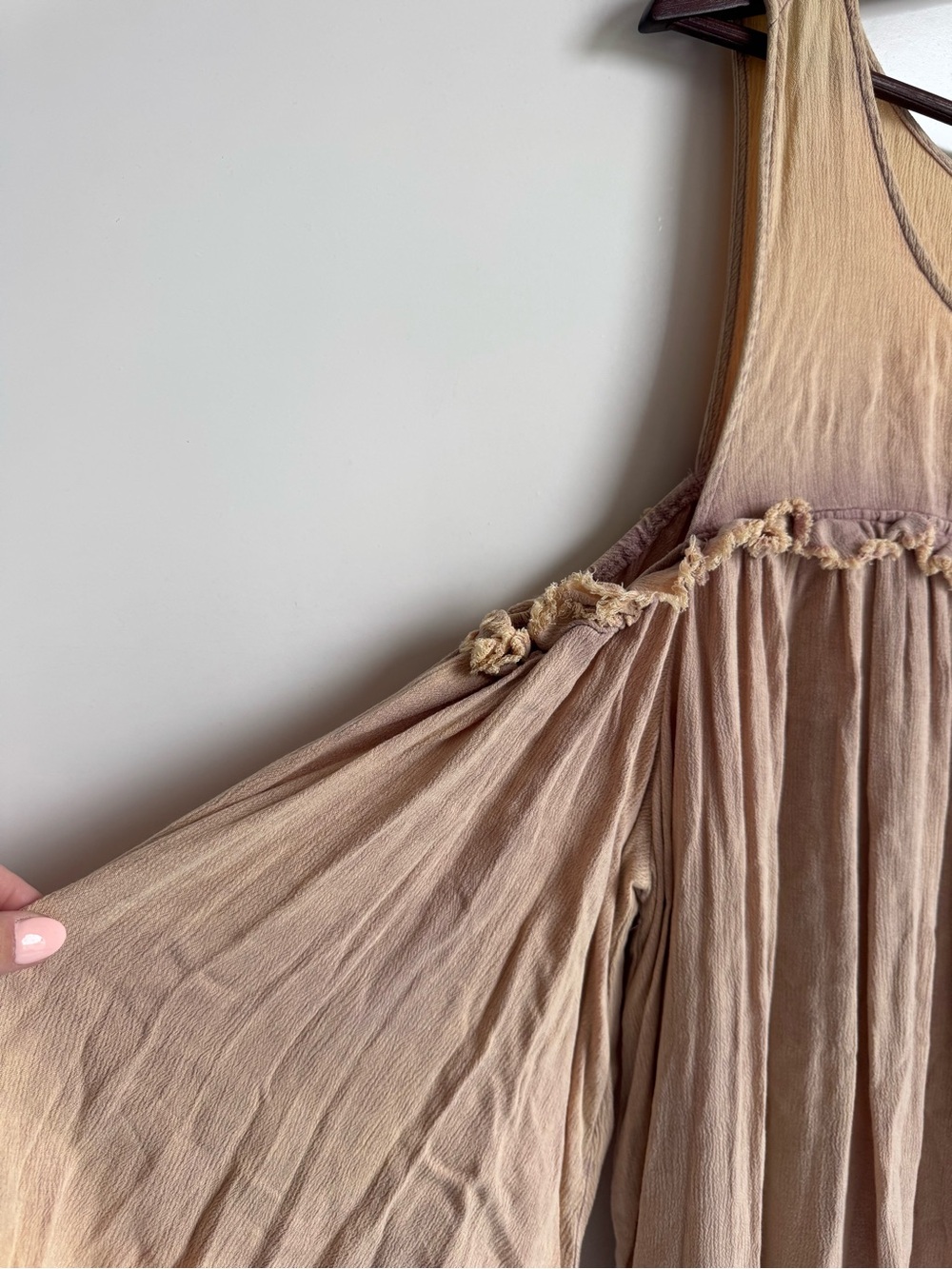 Oli & Hali Boho Peasant Top Womens Large Beige Purple Cold Shoulder Ruffle Gauze - Picture 4 of 8